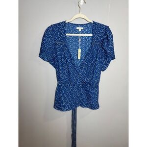 Max Studio Blue Polka Dot Wrap Top Short Flutter Sleeve V-Neck XL NEW 2703D79